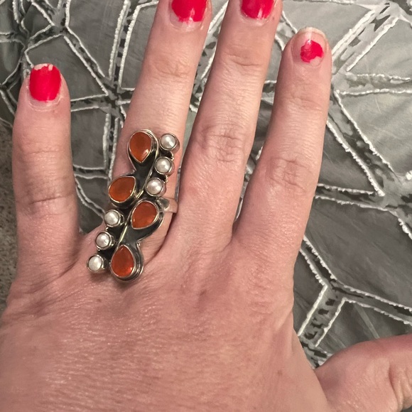 Sterling silver carnelian and pearl ring - Picture 2 of 3